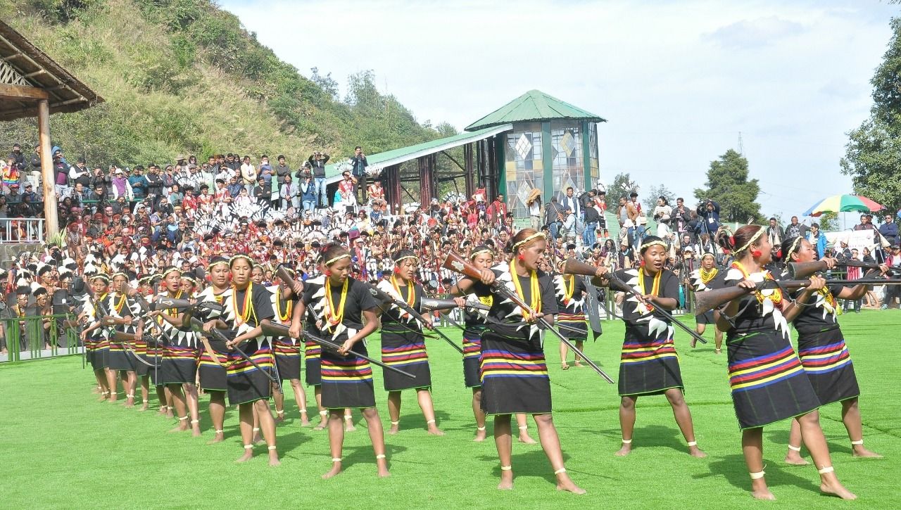 Womenfolk of the Konyak troupe performing a folk dance on the 2nd day of the Hornbill festival held at Naga Heritage Village, Kisama on December 2. (DIPR Photo)