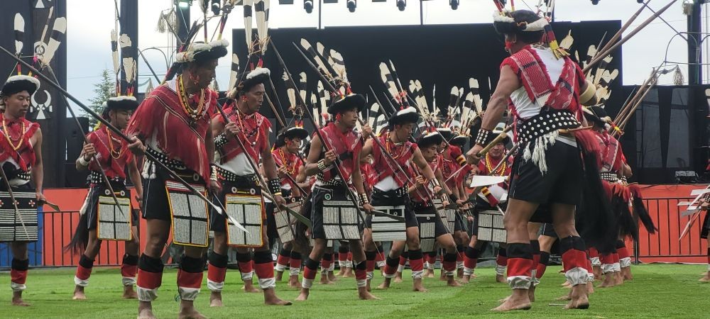 Rengma Cultural Troupe performs Aghaikesa Khwe (War Dance) during Cultural Connect on Day 5 of 24th Hornbill Festival 2023 at Kisama on December 5. (Morung Photo)