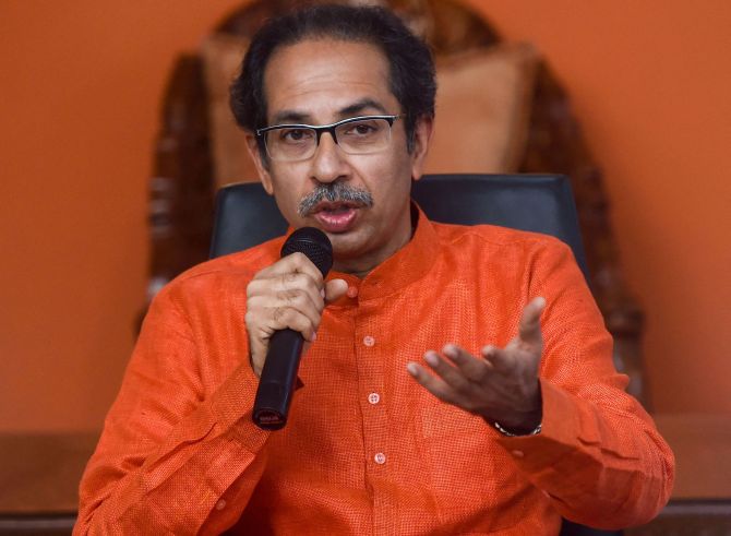 Shiv Sena president Uddhav Thackeray interacts with media in Mumbai. Photograph: Shashank Parade/PTI Photo