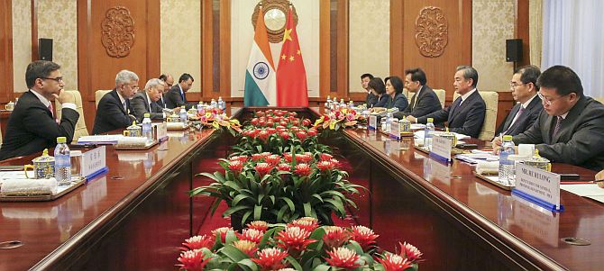 Beijing: External Affairs Minister  S Jaishankar during a bilateral meeting with Chinese foreign minister Wang Yi in Beijing, Monday, Aug 12, 2019. (MEA/PTI Photo)