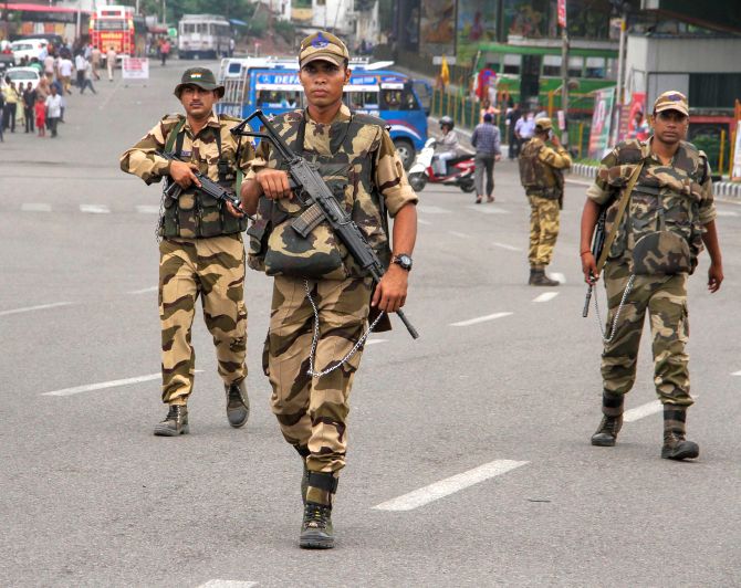 Jammu: Security personnel guard in a locality ahead of the 73rd Independence Day, in Jammu, Tuesday, Aug 13, 2019. (PTI Photo)