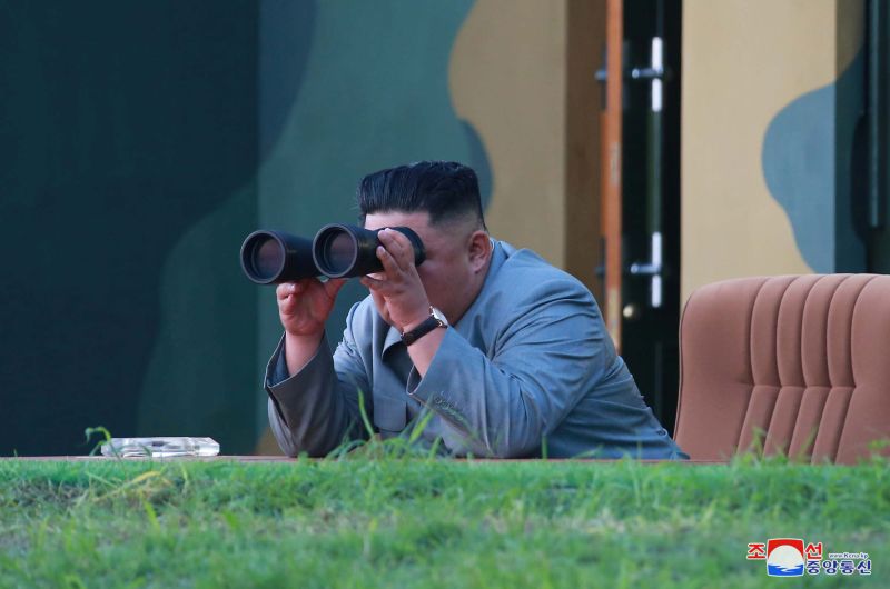 North Korean leader Kim Jong Un watches the test-fire of two short-range ballistic missiles on Thursday, in this undated picture released by North Korea's Central News Agency (KCNA) on July 26, 2019.  KCNA/via REUTERS