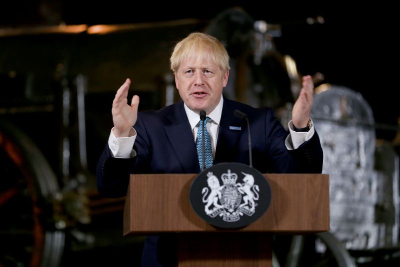 Britain's Prime Minister Boris Johnson gestures during a speech on domestic priorities at the Science and Industry Museum in Manchester, Britain July 27, 2019. Lorne Campbell/Pool via REUTERS