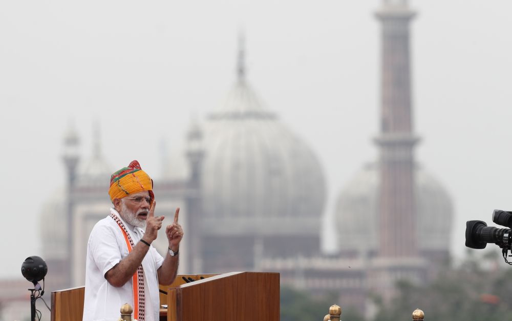 Indian Prime Minister Narendra Modi addresses the nation during Independence Day celebrations at the historic Red Fort in Delhi, India, August 15, 2019. REUTERS/Adnan Abidi