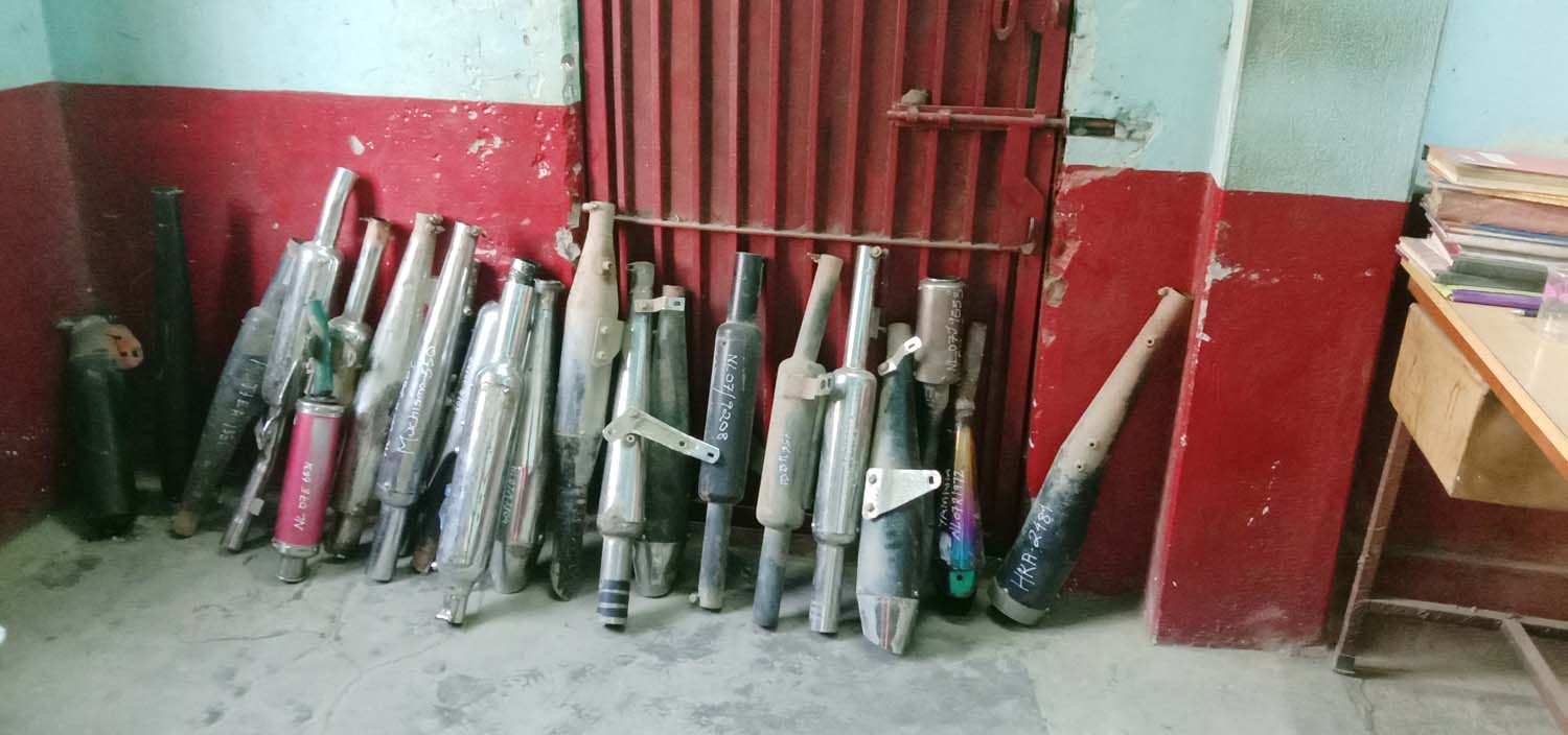 A retrofitted bike exhaust seized by Dimapur Police at East Police Station on December 14. 