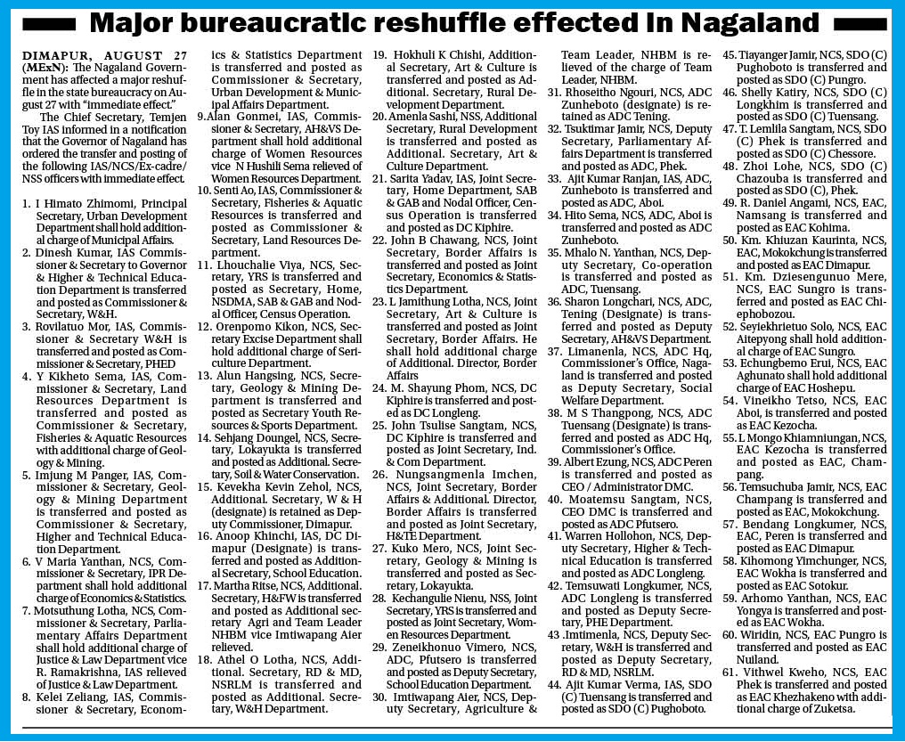 Major bureaucratic reshuffle effected in Nagaland