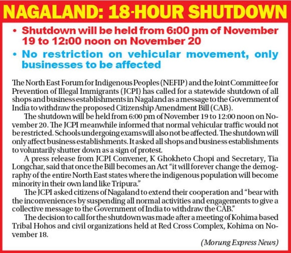 Nagaland: 18-hr shutdown  called from 6:00pm today