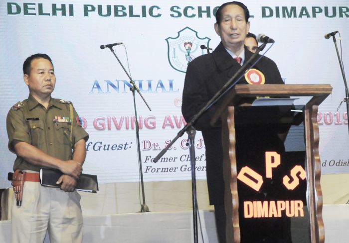 Dr SC Jamir speaking at the Delhi Public School Dimapur's Annual Day-cum-Award Giving Away Ceremony 2019 on December 13.  (Photo Courtesy: DPS)
