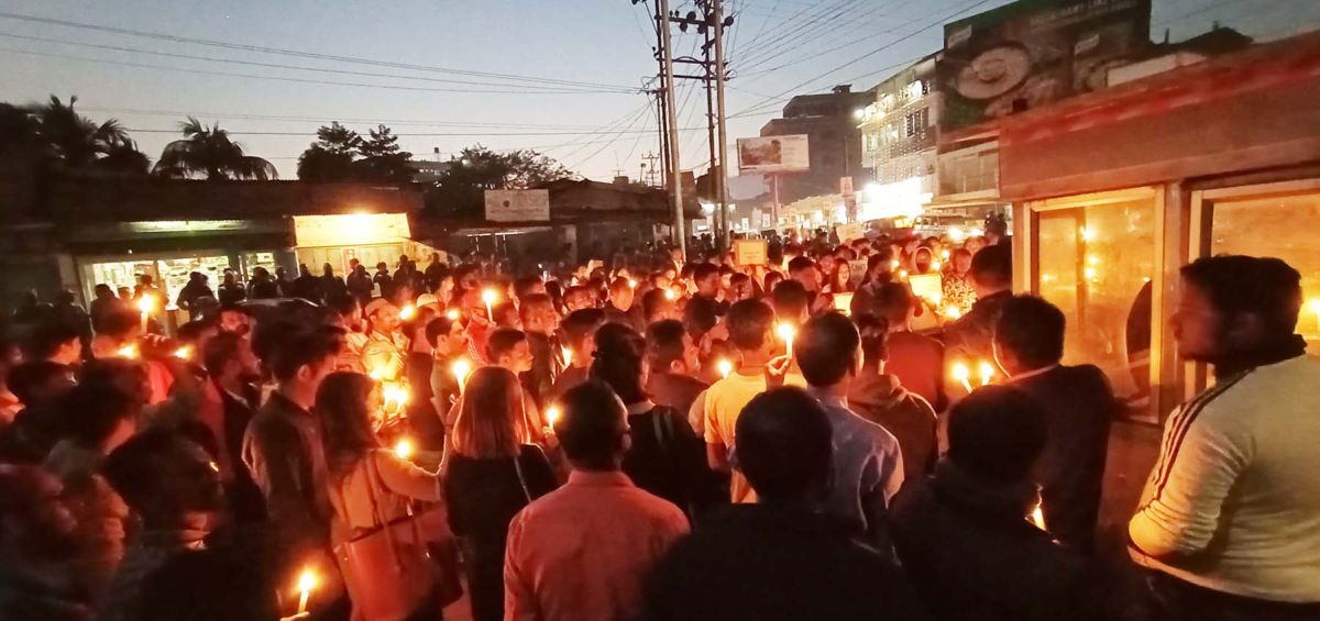 People gathered at a candlelight vigil organised by the Dimapur Naga Students Union in Dimapur on December 13 to extend solidarity to the north-eastern states affected by the amendment to the Citizenship Act. The DNSU termed the Parliamentary amendment as “unconstitutional.” Leaders of the Nagaland branch of the North East Forum for Indigenous People, Joint Committee on Prevention of Illegal Immigrants and former NSF President K Temjen Jamir addressed the gathering.