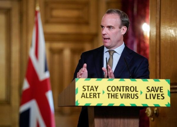 Britain's Secretary of State for Foreign Affairs Dominic Raab speaks at the daily digital news conference on the coronavirus disease (COVID-19) outbreak, at 10 Downing Street in London, Britain on May 18, 2020. (REUTERS File Photo)