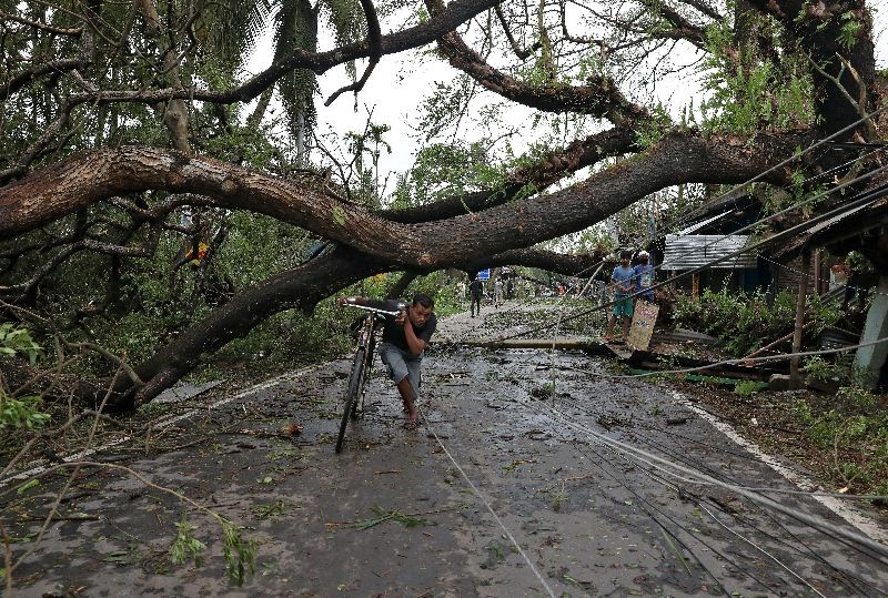 A man walks with his bicycle under an uprooted tree after Cyclone Amphan made its landfall, in South 24 Parganas district, in the eastern state of West Bengal, India, May 21, 2020. REUTERS/Rupak De Chowdhuri