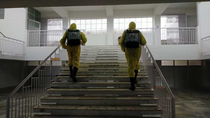 Personnel of the 12th battalion, NDRF, Doimukh sanitised the IG Stadium in Kohima on May 24.
