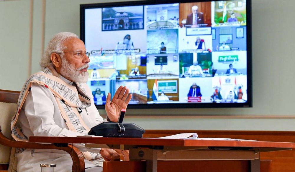 Prime Minister Narendra Modi speaks with chief ministers and lieutenant governors of 21 states and Union Territories via video conferencing in New Delhi. (PTI Photo)