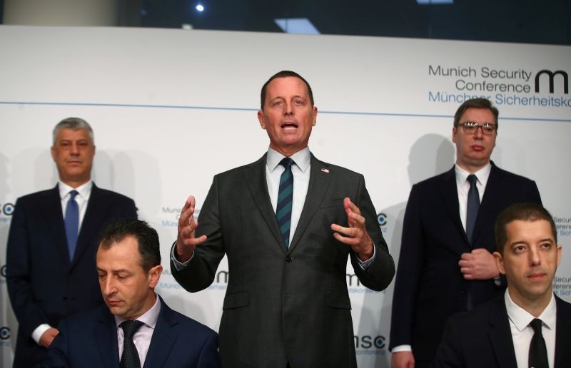 U.S. ambassador to Germany Richard Grenell, Kosovo's President Hashim Thaci and Serbia's President Aleksandar Vucic attend the Munich Security Conference in Munich, Germany on February 14, 2020. (REUTERS File Photo)