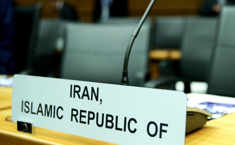 A sign marks the seat of Iran's ambassador to the International Atomic Energy Agency (IAEA) ahead of a board of governors meeting at the IAEA headquarters in Vienna, Austria on March 9, 2020. (REUTERS File Photo)