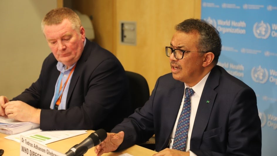 WHO Director-General Tedros Adhanom Ghebreyesus (R) speaks at a daily briefing in Geneva, Switzerland. (Xinhua/IANS)