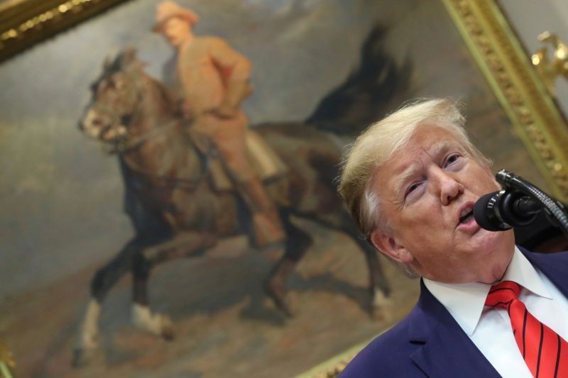 U.S. President Donald Trump speaks in front of a portrait of former president Theodore Roosevelt during an event  in the Roosevelt Room of the White House in Washington, US on October 9, 2019. (REUTERS File Photo)