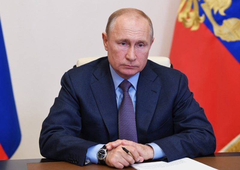 Russia's President Vladimir Putin discusses a diesel fuel leak at a thermal power station in Krasnoyarsk Region and its damage control during a video conference call with officials at the Novo-Ogaryovo state residence outside Moscow, Russia on June 3, 2020. (REUTERS Photo)