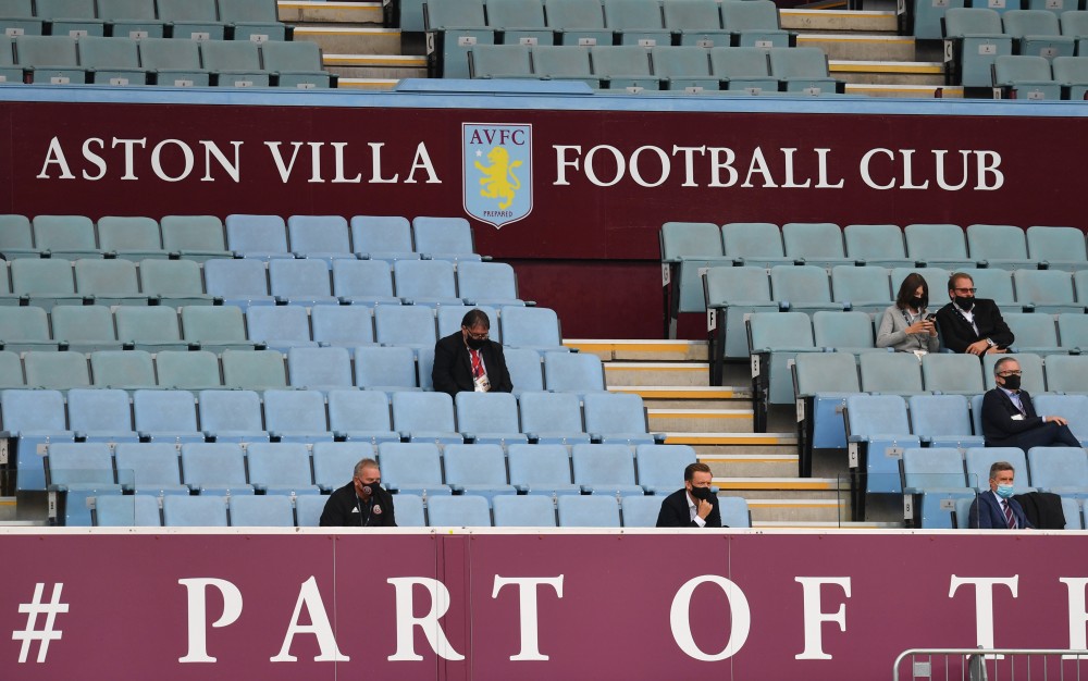 General view of people in the stands during the Aston Villa versus Sheffield United match as the Premier League resumes behind closed doors following the outbreak of COVID-19 at Villa Park, Birmingham on June 17. (Paul Ellis/Pool via REUTERS)