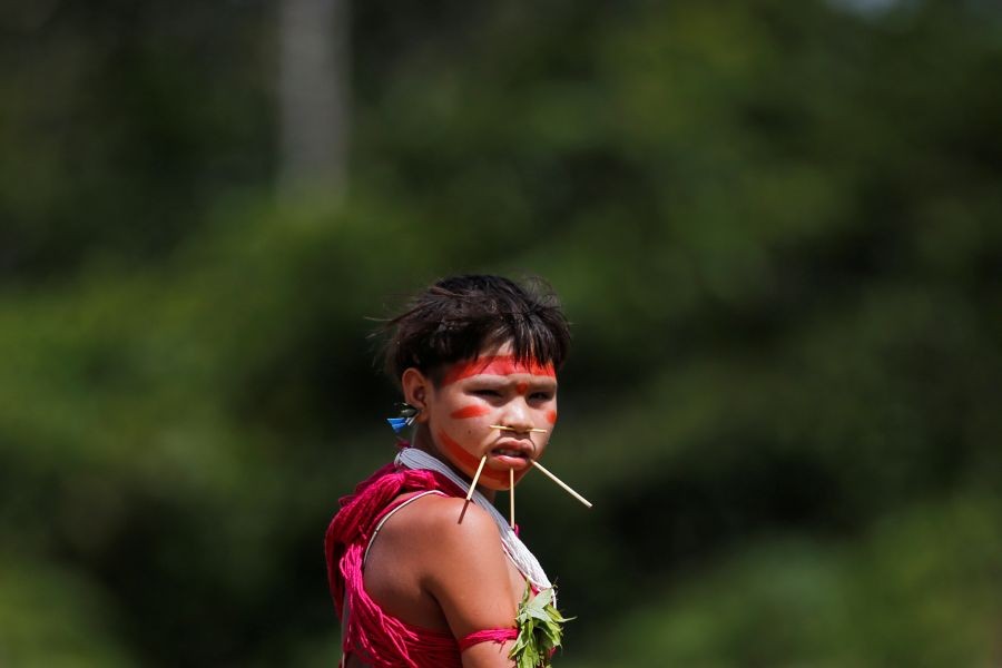 A girl from the indigenous Yanomami ethnic group looks on, amid the spread of the coronavirus disease (COVID-19), at the 4th Surucucu Special Frontier Platoon of the Brazilian army in the municipality of Alto Alegre, state of Roraima, Brazil July 1, 2020. REUTERS/Adriano Machado