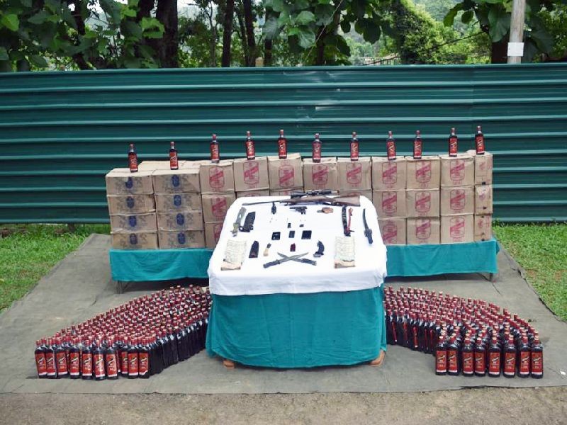 The seized items including illegal arms and IMFL recovered in 4th Mile, Dimapur on July 13. (Photo Courtesy: PRO, HQ IGAR N)