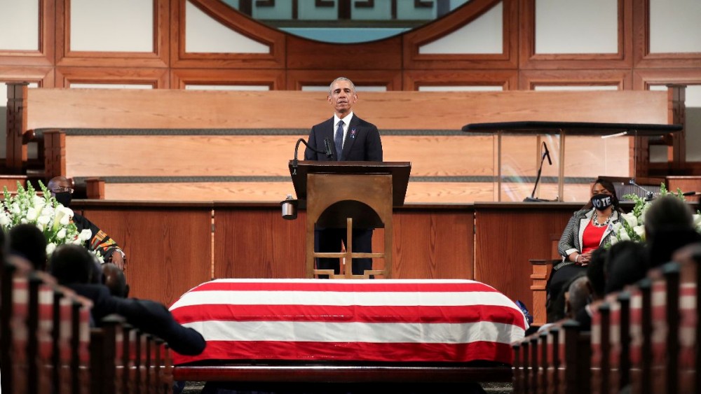 Former U.S. President Barack Obama addresses the service during the funeral of late U.S. Congressman John Lewis, a pioneer of the civil rights movement and long-time member of the U.S. House of Representatives who died July 17, at Ebeneezer Baptist Church in Atlanta, Georgia, U.S. July 30, 2020.  Alyssa Pointer/Pool via REUTERS