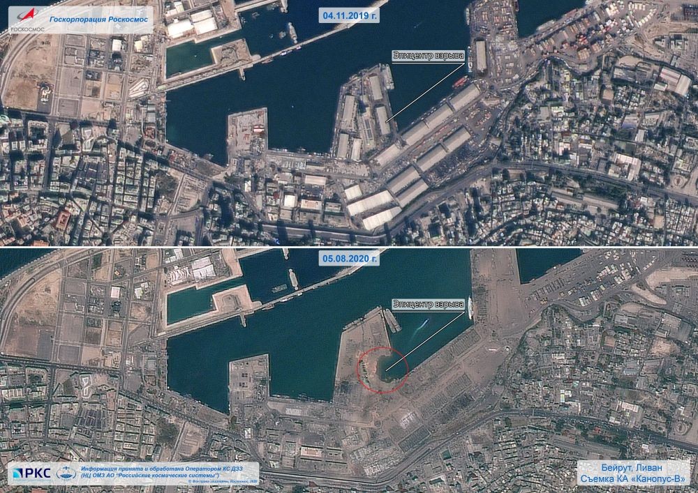 A combination of satellite images shows the area, which was heavily damaged by a massive explosion and a blast wave, on August 5, 2020 and the same area on November 4, 2019 in Beirut, Lebanon. Russian space agency Roscosmos/Handout via REUTERS