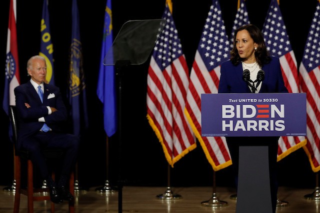 Democratic vice presidential candidate Senator Kamala Harris speaks at a campaign event, on her first joint appearance with presidential candidate and former Vice President Joe Biden after being named by Biden as his running mate, at Alexis Dupont High School in Wilmington, Delaware, US, on Wednesday. (Reuters/Carlos Barria)