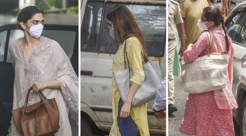 Actresses Deepika Padukone, Shraddha Kapoor and Sara Ali Khan at the NCB office for questioning in a drug probe related to late actor Sushant Singh Rajput's death, in Mumbai, on Saturday. Photograph: PTI Photo