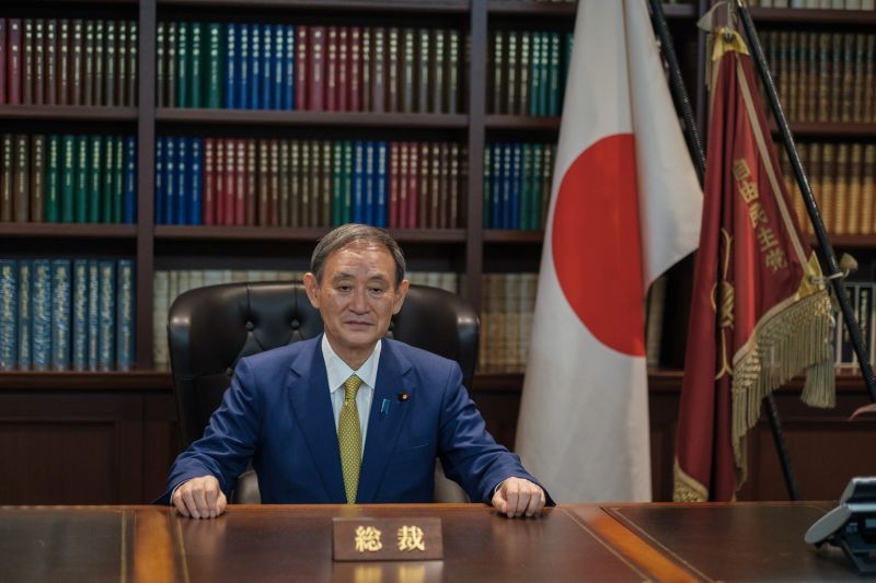 Japanese Chief Cabinet Secretary Yoshihide Suga poses for a picture following his press conference at LDP (Liberal Democratic Party) headquarters, in Tokyo, Japan September 14, 2020. Nicolas Datiche/Pool via REUTERS