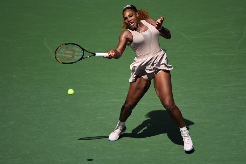 Sep 7, 2020; Flushing Meadows, New York, USA; Serena Williams of the United States hits a forehand against Maria Sakkari of Greece (not pictured) on day eight of the 2020 U.S. Open tennis tournament at USTA Billie Jean King National Tennis Center. Danielle Parhizkaran-USA TODAY Sports