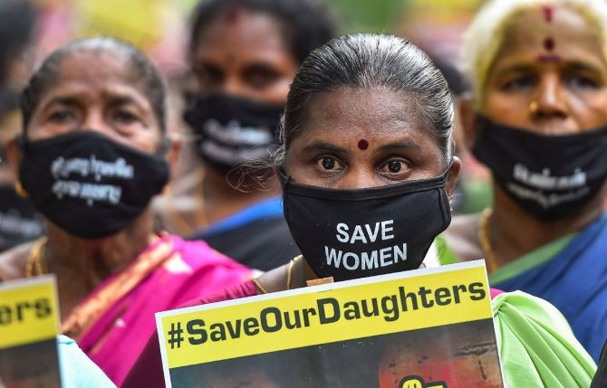 DMK women's wing workers during a protest march over the Hathras incident, in Chennai, on Monday. Photograph: R Senthil Kumar/PTI Photo