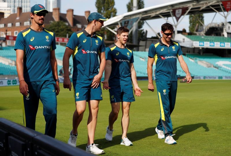 Australia's Mitchell Starc, Josh Hazlewood, Tim Paine and Pat Cummins during nets Action Images via Reuters/Paul Childs/Files