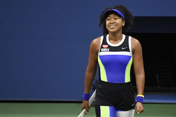 Naomi Osaka of Japan celebrates after match point against Victoria Azarenka of Belarus (not pictured) in the women's singles final on day thirteen of the 2020 U.S. Open tennis tournament at USTA Billie Jean King National Tennis Center. Danielle Parhizkaran-USA TODAY Sports