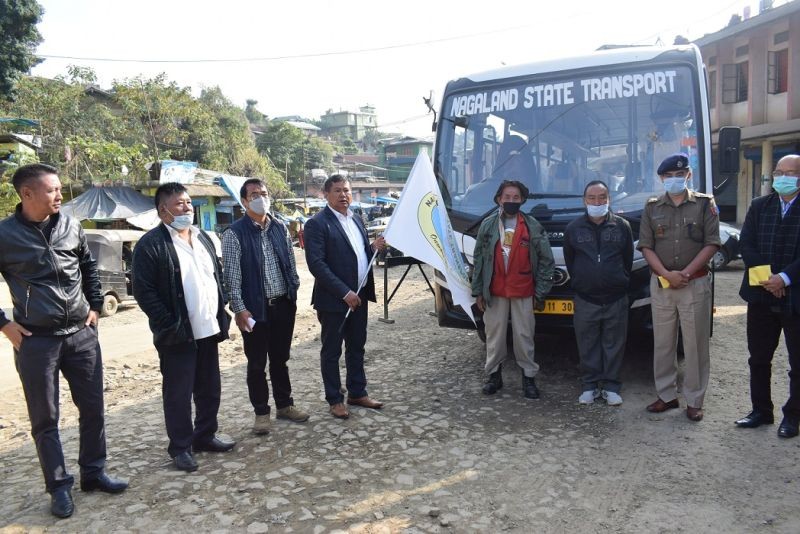 Wokha DC flagging off the new NST bus service from Wokha to New Riphyim on November 20. (DIPR Photo)