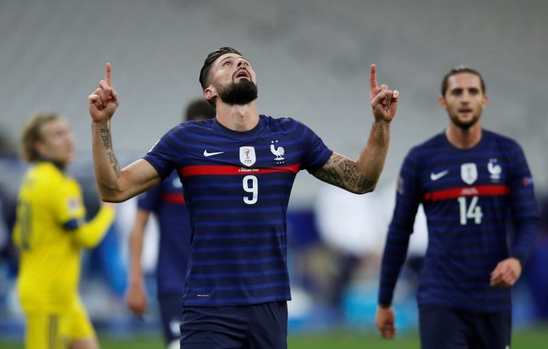 France's Olivier Giroud celebrates scoring their first goal REUTERS/Gonzalo Fuentes