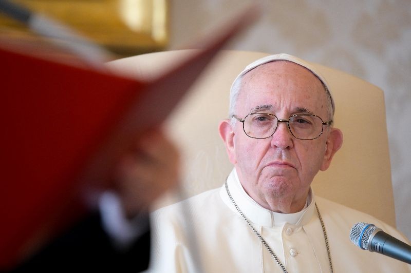 Pope Francis delivers his weekly general audience from the library in the Apostolic Palace at the Vatican, November 11, 2020. Vatican Media/Handout via REUTERS/Files