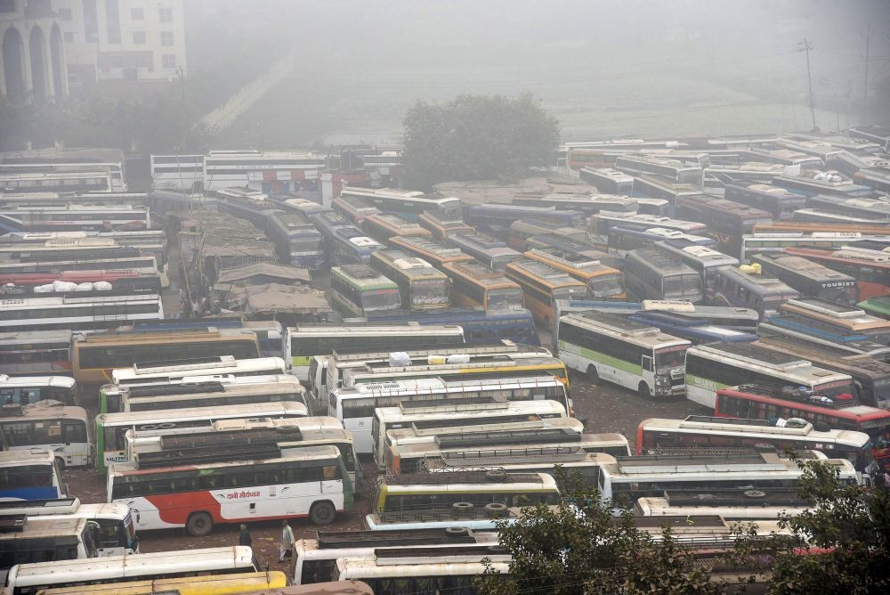 Buses parked at Mithapur stand during a nationwide strike called by agitating farmers to press for repeal of the Centre's farm reform laws, in Patna, Tuesday, Dec. 8, 2020. (PTI Photo)