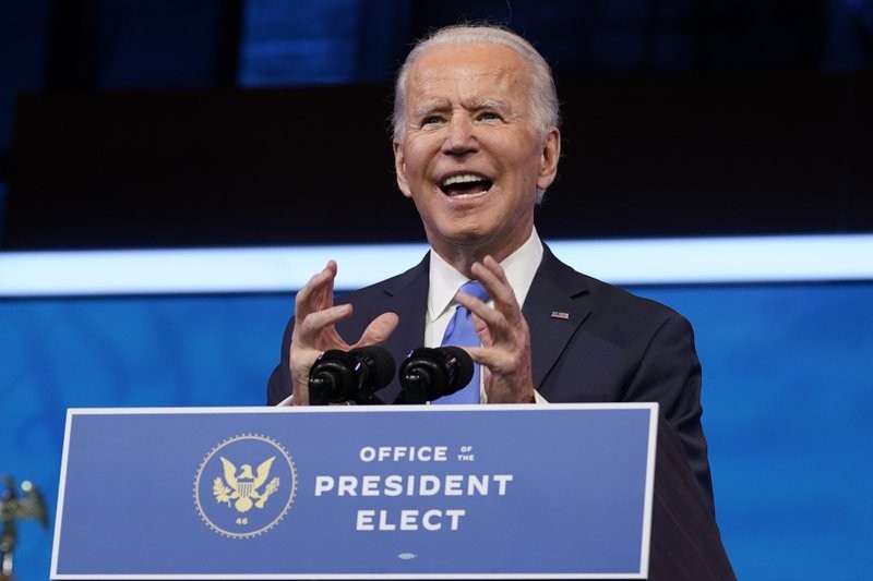 President-elect Joe Biden speaks after the Electoral College formally elected him as president, Monday, Dec. 14, 2020, at The Queen theater in Wilmington, Del. (AP Photo/Patrick Semansky)
