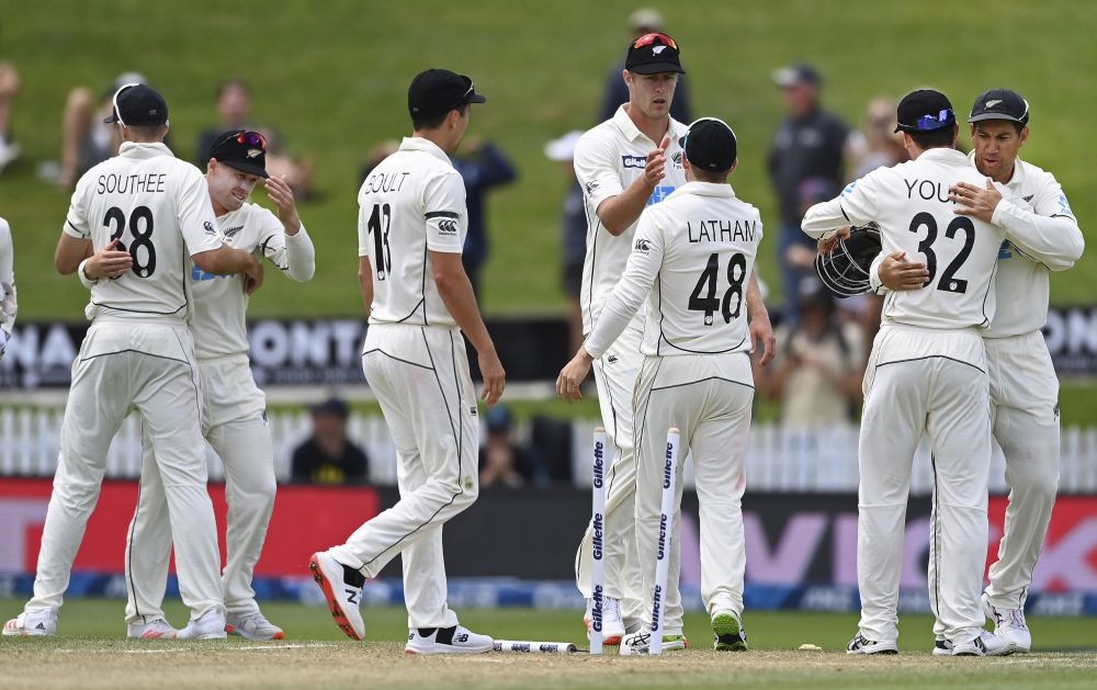 Hamilton:New Zealand's players celebrate their innings and 134 run win over the West Indies on day four of their cricket test in Hamilton, New Zealand, Sunday, Dec. 6, 2020. AP/PTI Photo