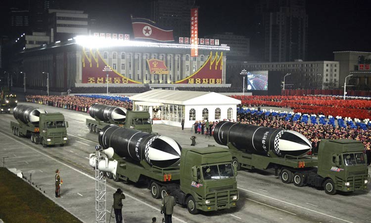 This photo shows missiles during a military parade marking the ruling party congress, at Kim Il Sung Square in Pyongyang, North Korea. AP
