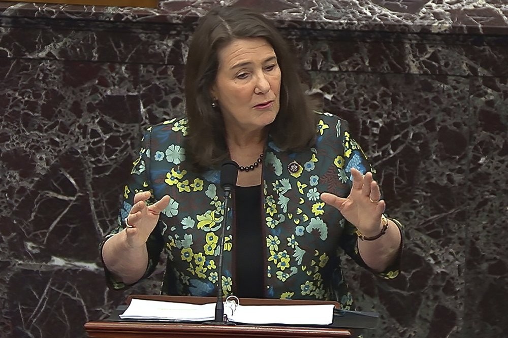 In this image from video, House impeachment manager Rep. Diana DeGette, D-Colo., speaks during the second impeachment trial of former President Donald Trump in the Senate at the U.S. Capitol in Washington, Thursday, Feb. 11, 2021. (Senate Television via AP)