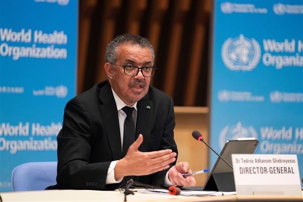 Tedros Adhanom Ghebreyesus, Director General of the World Health Organisation, attends a news conference on the outbreak of COVID-19 after the return of the team of the WHO-convened global study of the origins of SARS-CoV-2 in Geneva, Switzerland, on February 12, 2021. WHO/Handout via REUTERS