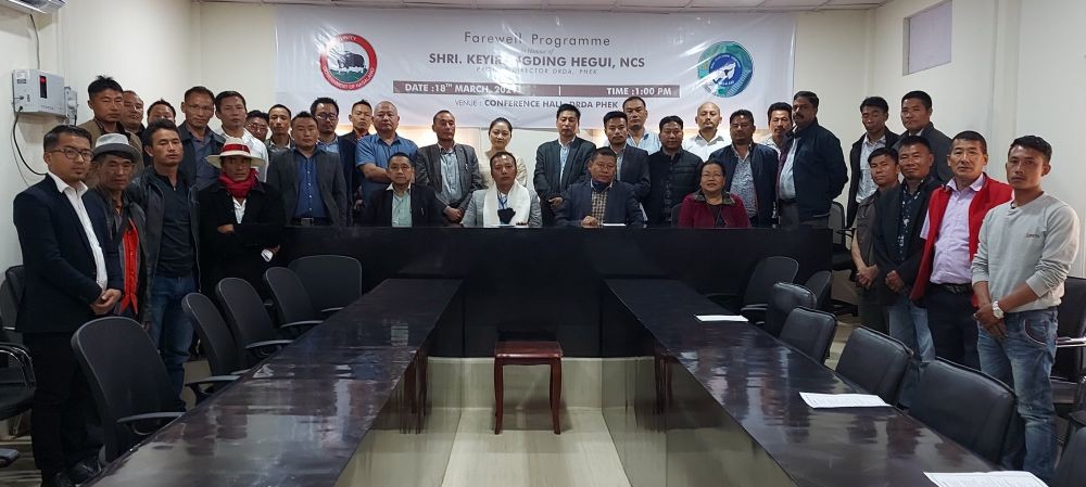 Phek DC Razouvolie Dozo and Phek DRDA PD Keyirangding Hegui with others during farewell programme on March 18.