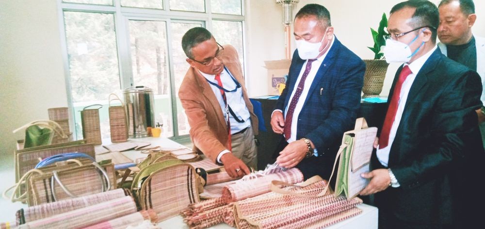 Neiba Kronu and others inspects some products of cardamom fibre at Pfutsero on March 19. (Morung Photo)