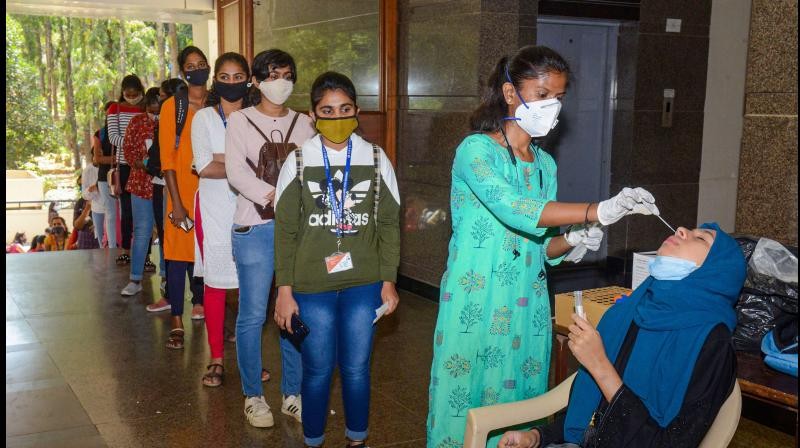 A medic collects swab sample of students for the COVID-19 test following a surge in coronavirus cases, at NMKRV PU College in Bengaluru, (PTI)