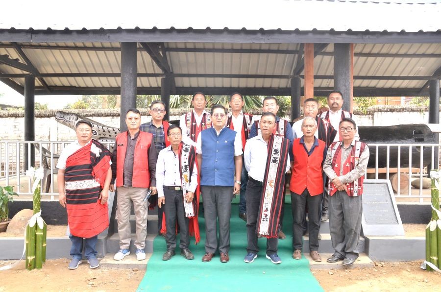 NLA Speaker Sharingain Longkumer with members of the Aoyimti Village Council and others during the inauguration of log drum pavilion on March 10.