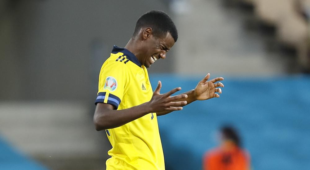 Sweden's Alexander Isak reacts after he missed to score during the Euro 2020 soccer championship group E match between Spain and Sweden in Sevilla, Spain, Monday, June 14, 2021. (Jose Manuel Vidal/Pool via AP)