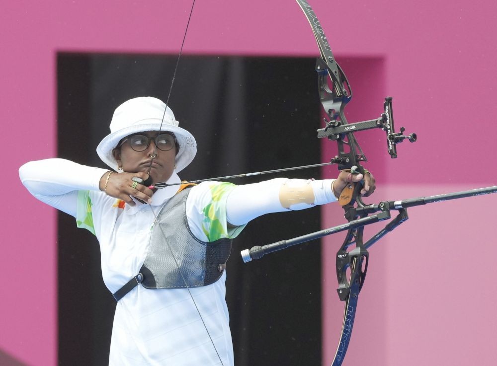 Tokyo: India's Deepika Kumari competes in the women's individual 1/8 eliminations round of the archery event, at the Summer Olympics 2020, in Tokyo, Friday, July 30, 2021. (PTI Photo/Gurinder Osan)