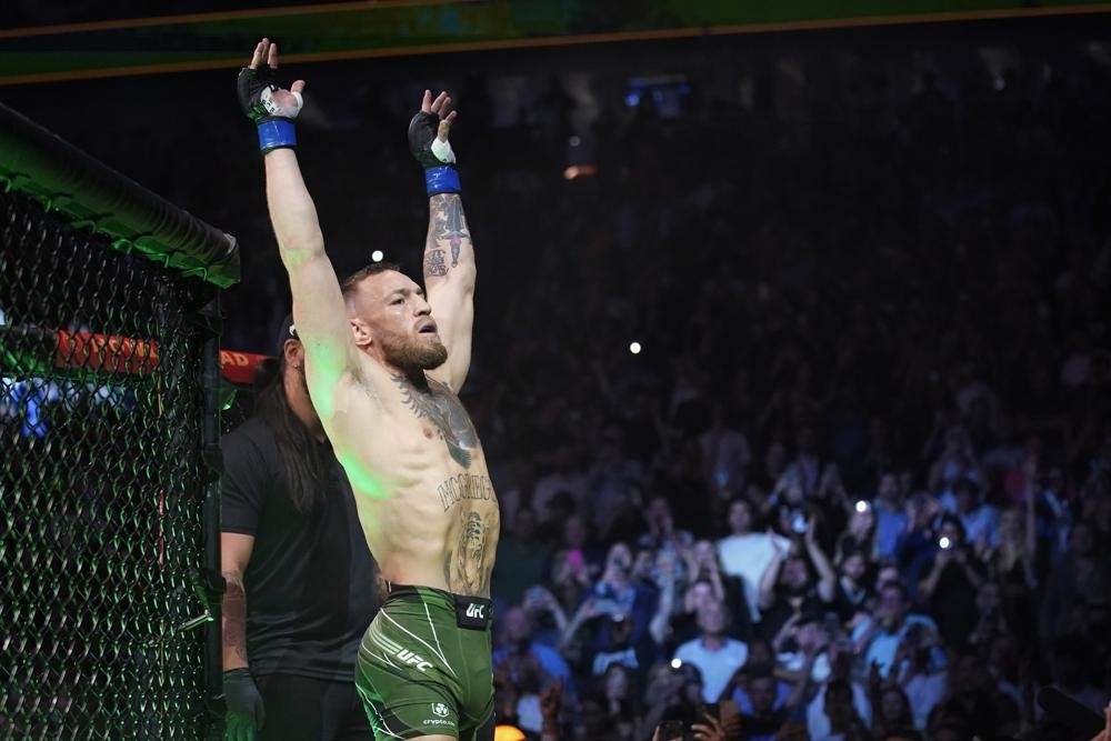Conor McGregor prepares to fight Dustin Poirier in a UFC 264 lightweight mixed martial arts bout Saturday, July 10, 2021, in Las Vegas. (AP Photo/John Locher)